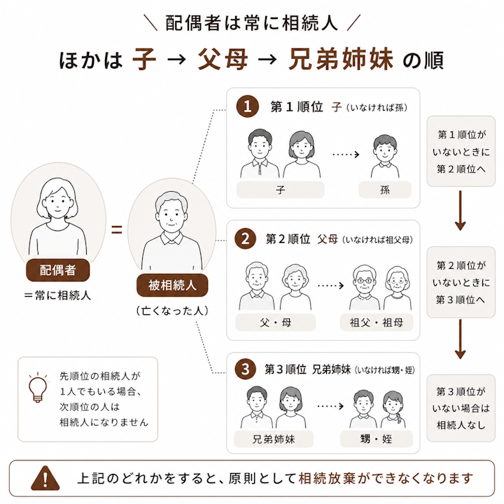 被相続人の配偶者は常に相続人となり、それ以外は第1順位の子(いなければ孫)、第2順位の父母(いなければ祖父母)、第3順位の兄弟姉妹(いなければ甥・姪)の順で相続人になり、先順位がいない場合に次順位へ移ることを示した相続順位の関係図