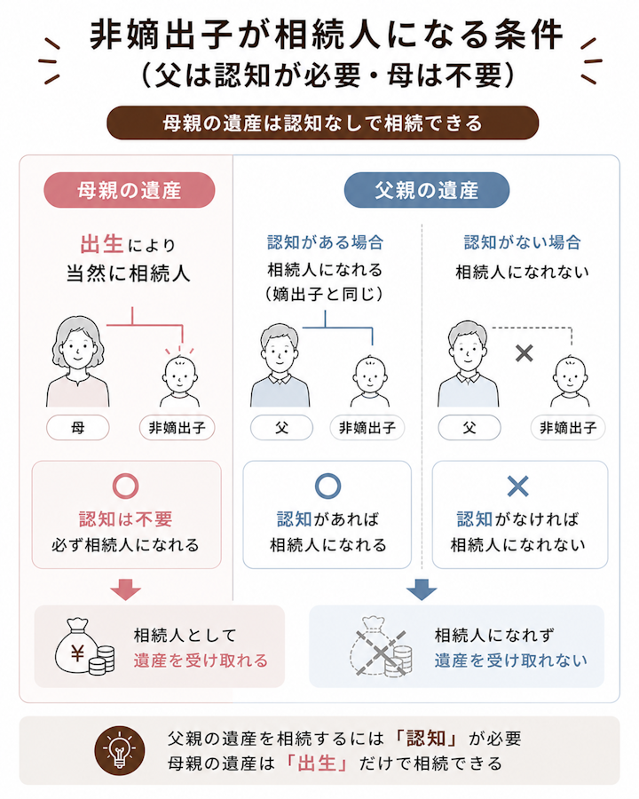 非嫡出子は母親の遺産は出生により認知なしで相続でき、父親の遺産は認知されていれば嫡出子と同じく相続人になるが認知がないと相続人になれないことを父母で対比した図
