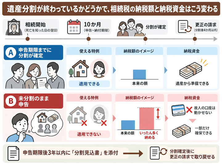 遺産分割が申告期限までに終わった場合と未分割の場合を比べた図。未分割だと配偶者の税額軽減や小規模宅地等の特例が使えず税額が高くなるが、申告期限後3年以内の分割見込書を出しておけば分割確定後に更正の請求で適用を受けられることを示している。