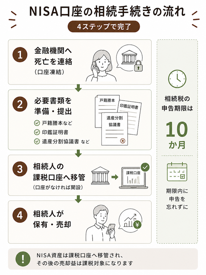 金融機関へ死亡を連絡して口座凍結、必要書類の準備と提出、相続人の課税口座への移管(口座がなければ開設)、相続人による保有・売却という4ステップと、相続税の申告期限が10か月であることを示した手続きの流れ図
