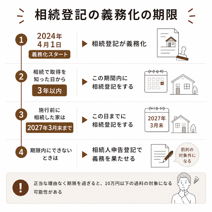 2024年4月1日に相続登記が義務化され、相続で取得を知った日から3年以内が期限、施行前に相続した家は2027年3月末までが期限、間に合わないときは相続人申告登記で義務を果たせることを示したタイムライン図