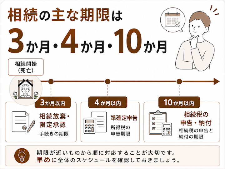 相続の開始を起点として、3か月以内が相続放棄・限定承認、4か月以内が準確定申告、10か月以内が相続税の申告・納付という3つの期限を近い順に並べた時間軸の図