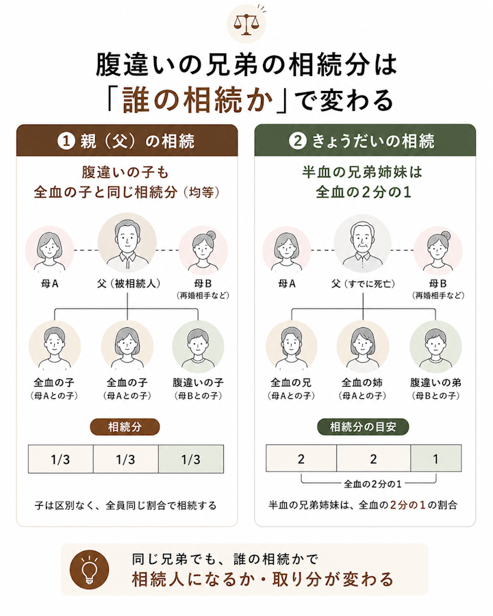父の相続では腹違いの子も全血の子と同じ相続分で均等、きょうだいの相続では半血の兄弟姉妹の相続分は全血の2分の1になるという2パターンの違いを家系図と割合で示した図
