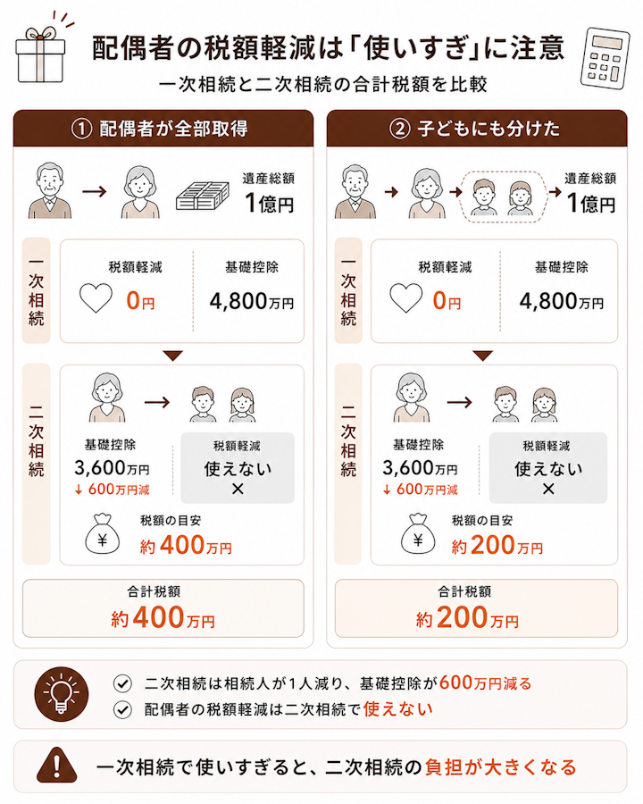 一次相続で配偶者が全部取得した場合と子にも分けた場合の、一次相続と二次相続を合計した税額の比較図。二次相続では相続人が1人減り基礎控除が600万円減ることと、配偶者の税額軽減が使えないことを示した図