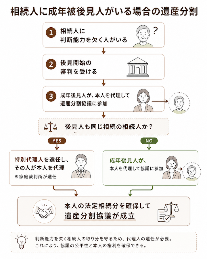 相続人に判断能力を欠く人がいる場合、後見開始の審判を受けて成年後見人が本人を代理して遺産分割協議に参加し、後見人自身も相続人のときは特別代理人を選任し、本人の法定相続分を確保して協議を成立させる流れを示したフロー図