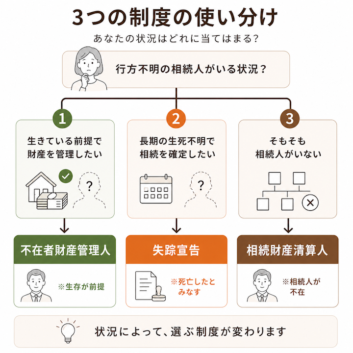 相続人が行方不明で生存前提に財産を管理するなら不在者財産管理人、長期の生死不明で相続を確定するなら失踪宣告、相続人がいないなら相続財産清算人という3制度の使い分けチャート