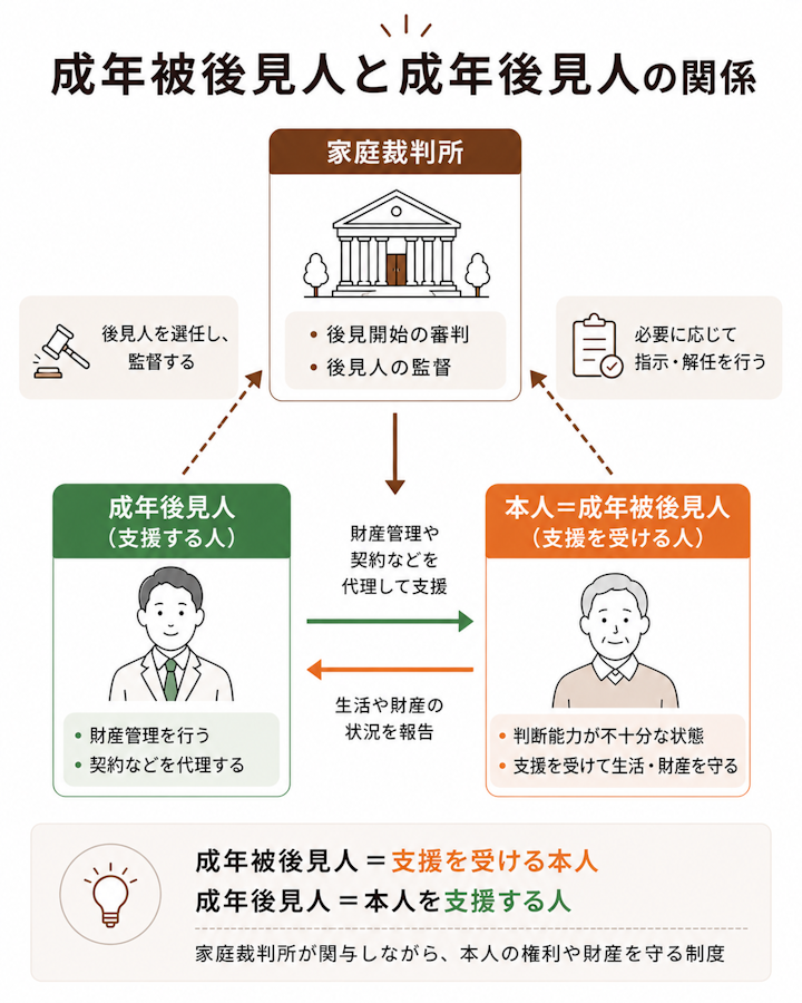 判断能力を欠く本人が成年被後見人で、その財産管理や契約を成年後見人が代理し、家庭裁判所が後見開始の審判と監督を行うという、支援する人と支援される本人の関係を示した図