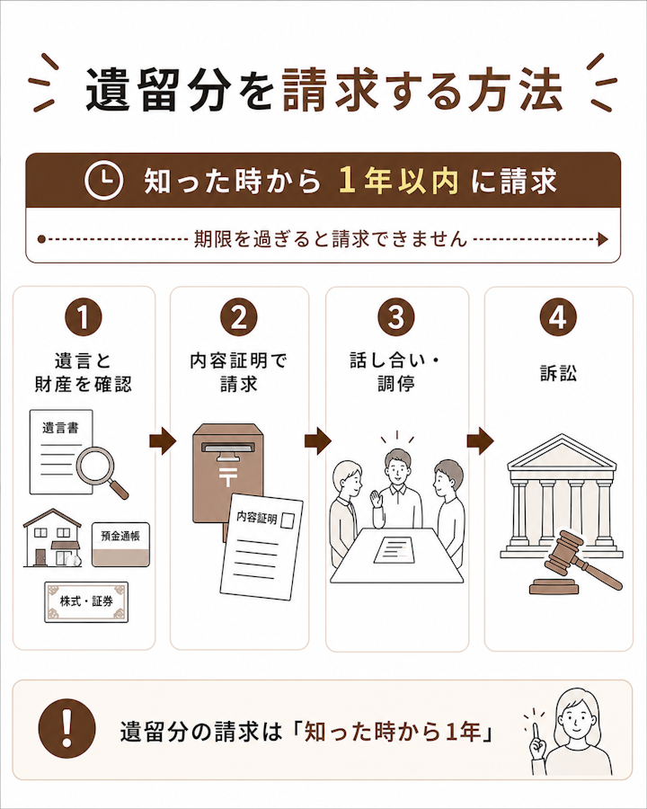 遺留分を取り戻す流れは、遺言と財産の確認、内容証明郵便での請求、話し合い・調停、訴訟の4ステップで、相続開始と侵害を知った時から1年以内に請求する必要があることを示したフロー図