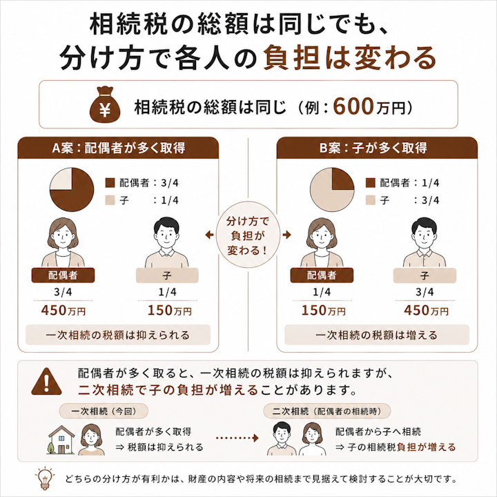 相続税の総額が同じでも、配偶者が多く取得する場合と子が多く取得する場合とで各人の負担額が変わること、配偶者が多く取ると一次相続の税額は抑えられるが二次相続で子の負担が増えることがあることを示した図