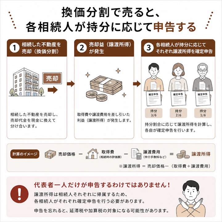 相続した不動産を換価分割で売却して譲渡所得が発生した場合、代表者一人だけでなく、持分を持つ各相続人がそれぞれ持分に応じて譲渡所得の確定申告をすることを示した図