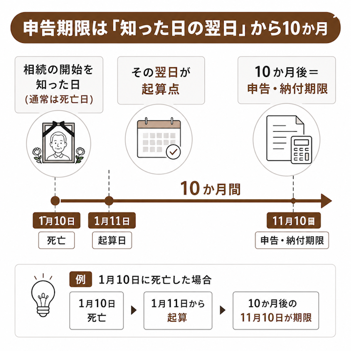 相続の開始を知った日の翌日を起算点として10か月後が相続税の申告・納付期限になることを示し、1月10日に死亡した場合は翌1月11日から数えて11月10日が期限になる例を添えた矢印の図