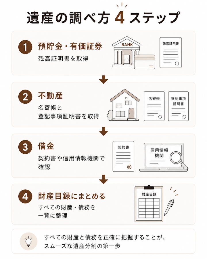 預貯金と有価証券を残高証明で確認、不動産を名寄帳と登記事項証明書で確認、借金を契約書と信用情報機関で確認し、最後に財産目録へまとめる4ステップのフロー