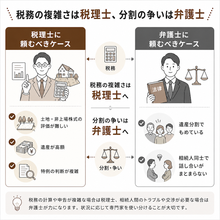 自分で相続税申告をするメリットは税理士報酬を抑えられる・相続財産やしくみを自分で把握できること、デメリットは書類集めや評価計算に手間と時間がかかる・評価や特例のミスで納めすぎや指摘のリスクがある・税務調査で加算税や延滞税が生じる可能性があることを対比した図