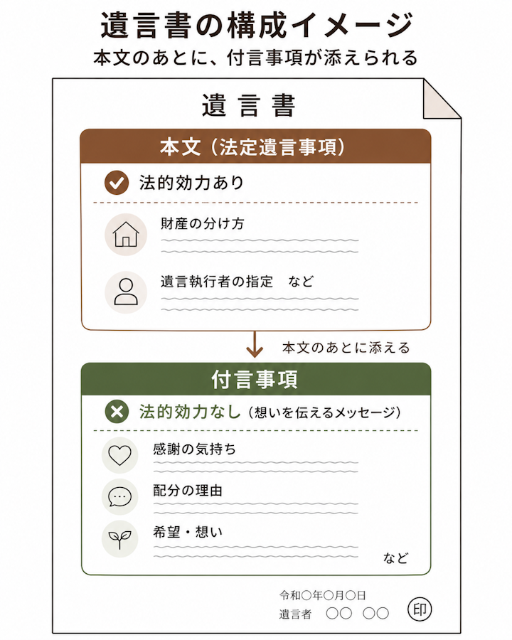 遺言書は、財産の分け方や遺言執行者の指定などの法的効力がある本文(法定遺言事項)と、感謝や配分の理由や希望などの法的効力がない付言事項からなり、付言事項は本文のあとに添えられることを示した図