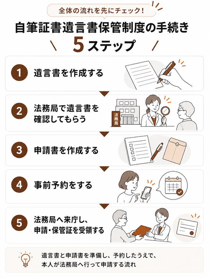 1.遺言書を作成する、2.法務局で遺言書を確認してもらう、3.申請書を作成する、4.事前予約をする、5.本人が法務局で申請する、という5つのステップを示すフローチャート。