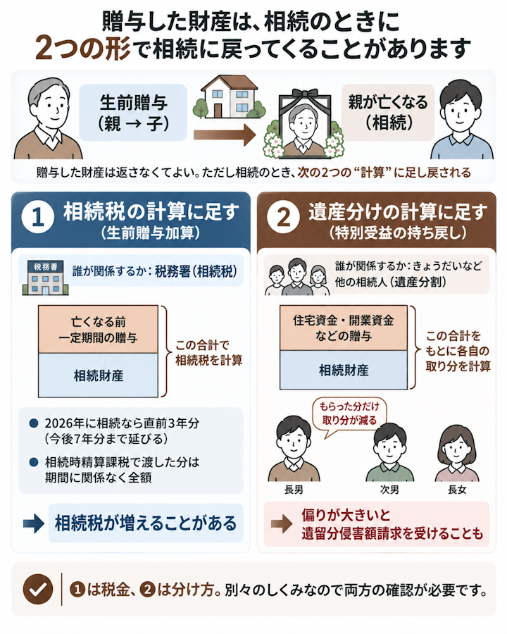 親から子への生前贈与が相続時にどう扱われるかを示す図。相続税の計算では亡くなる前一定期間の贈与と相続時精算課税の贈与を相続財産に加算し(生前贈与加算)、遺産分けでは住宅資金などの贈与を特別受益として相続財産に持ち戻して各相続人の取り分を計算することを、左右2列で対比している
