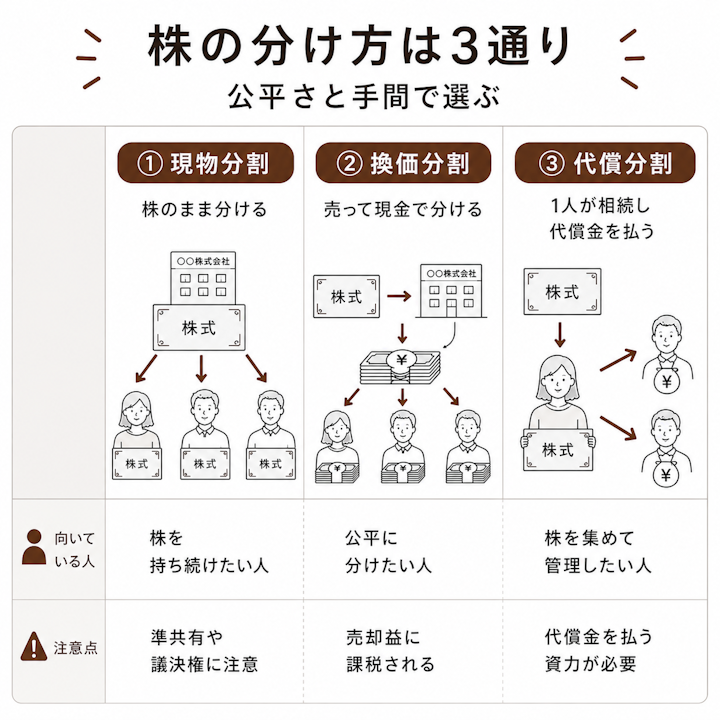 株の遺産分割の3方法を比較した表。現物分割は株のまま分け準共有や議決権に注意、換価分割は売却して現金で公平に分けるが売却益に課税、代償分割は1人が相続し他の相続人へ代償金を払うが資力が必要という違いの表