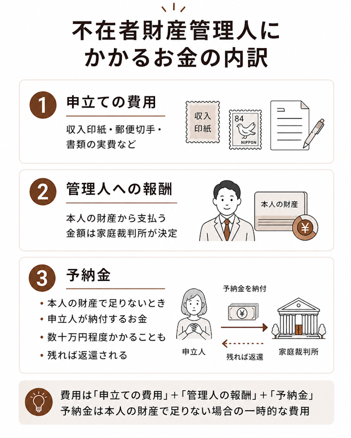 申立ての費用(収入印紙・郵便切手・書類の実費)、管理人への報酬(本人の財産から家庭裁判所が決定)、予納金(本人の財産で足りないとき申立人が数十万円程度を納付し残れば返還)の3つに分けた費用の内訳図
