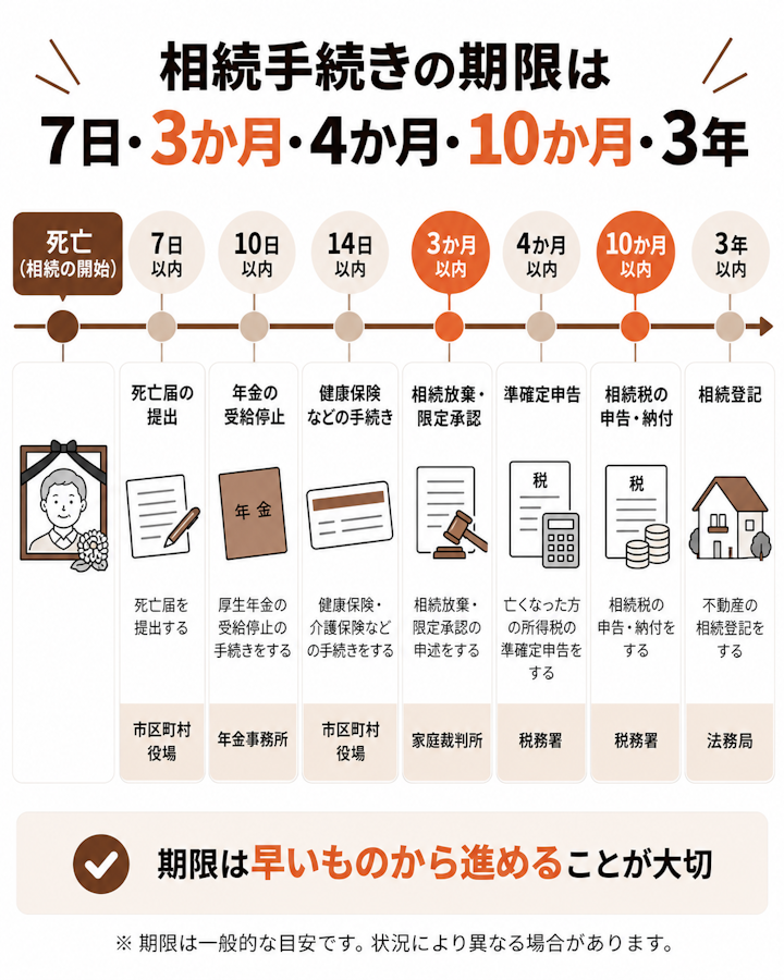 死亡から7日以内に市区町村役場へ死亡届、厚生年金は10日以内・国民年金は14日以内に年金事務所へ受給停止の届出、14日以内に市区町村役場で健康保険などの手続き、3か月以内に家庭裁判所へ相続放棄・限定承認、4か月以内に税務署へ準確定申告、10か月以内に税務署へ相続税の申告・納付、3年以内に法務局へ相続登記を行う、という相続手続きの期限のタイムラインの図