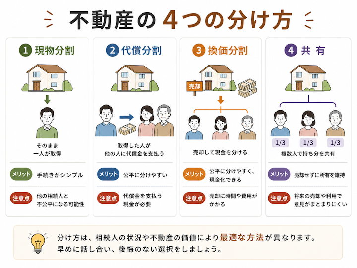 不動産の分け方である現物分割・代償分割・換価分割・共有の4つについて、それぞれの特徴と、代償金・譲渡所得税・共有の紛争リスクといった注意点を比較して示した図