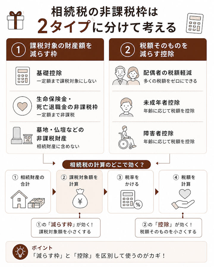 相続税の非課税枠を、課税対象の財産額を減らす枠(基礎控除・生命保険金や死亡退職金の非課税枠・墓地や仏壇などの非課税財産)と、税額そのものを減らす控除(配偶者の税額軽減・未成年者控除・障害者控除)の2タイプに整理した図