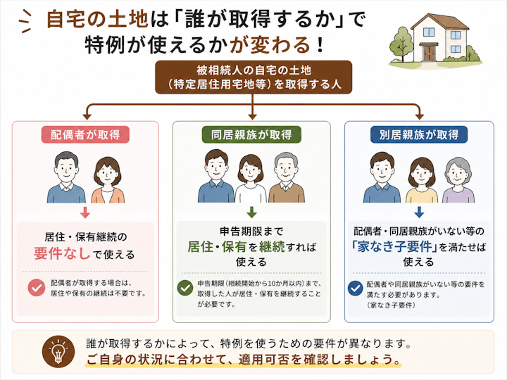 特定居住用宅地等の小規模宅地等の特例について、配偶者が取得する場合は要件なし、同居親族は居住・保有継続、別居親族は家なき子の要件、という取得者ごとの適用要件を分岐で示した図