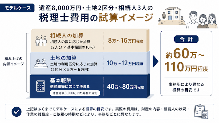遺産総額8,000万円・土地2利用区分・相続人3人のモデルケースで、基本報酬40万〜80万円程度に土地の加算10万〜12万円程度と相続人の加算8万〜16万円程度を積み上げ、税理士費用の合計が約60万〜110万円程度になる試算を示した図
