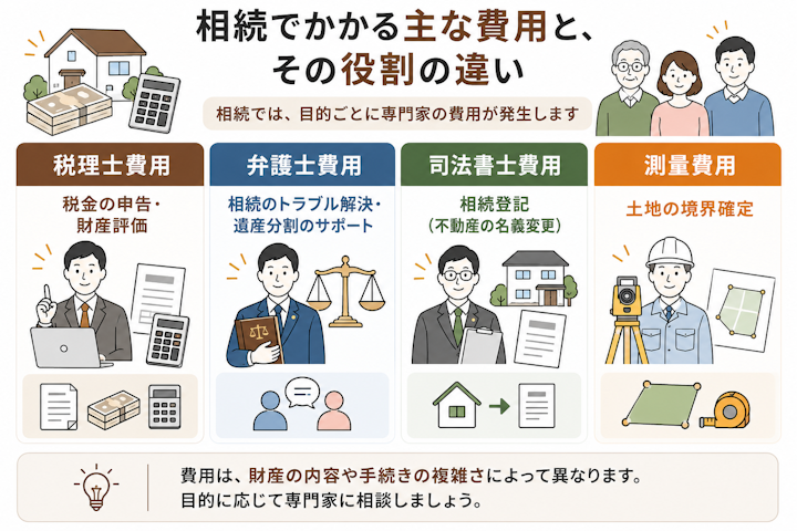 相続にかかる主な費用として、税理士費用は相続税の申告、弁護士費用は分け方の交渉・紛争解決、司法書士費用は相続登記、測量費用は土地の境界確定にかかることを整理して示した図