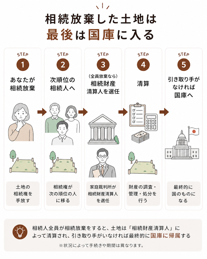 相続放棄をすると土地の相続権が次順位の相続人へ移り、相続人全員が放棄した場合は家庭裁判所が相続財産清算人を選任して清算し、引き取り手がなければ最終的に国庫に帰属するという流れを示したフロー図