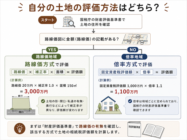 土地の相続税評価は、財産評価基準書で路線価の有無を確認し、路線価があれば路線価方式(路線価×補正率×面積)、なければ倍率方式(固定資産税評価額×倍率)で計算するという判定の流れと計算式を示した図