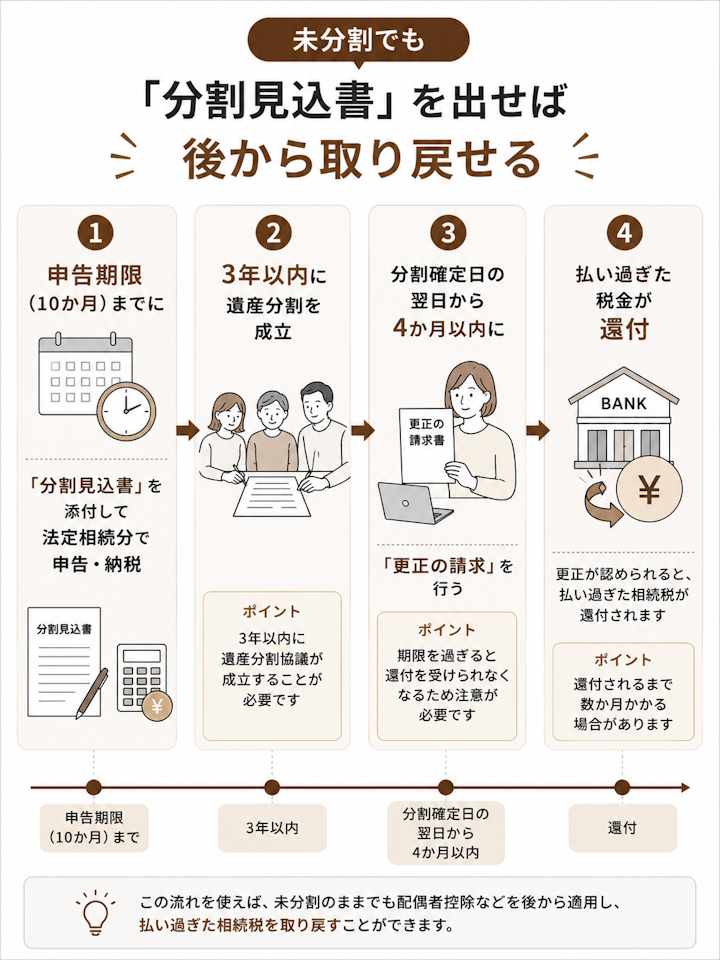 申告期限の10か月までに分割見込書を添付して申告・納税し、3年以内に遺産分割を成立させ、分割確定日の翌日から4か月以内に更正の請求をすると払い過ぎた相続税が還付される流れを示した図