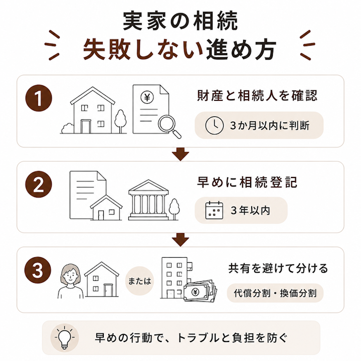 実家の相続を、借金や連帯保証も含めた相続財産と相続人の確認・3か月以内の相続放棄の判断・早めの相続登記・共有を避けた代償分割や換価分割、という順で進めるステップを示したフロー図