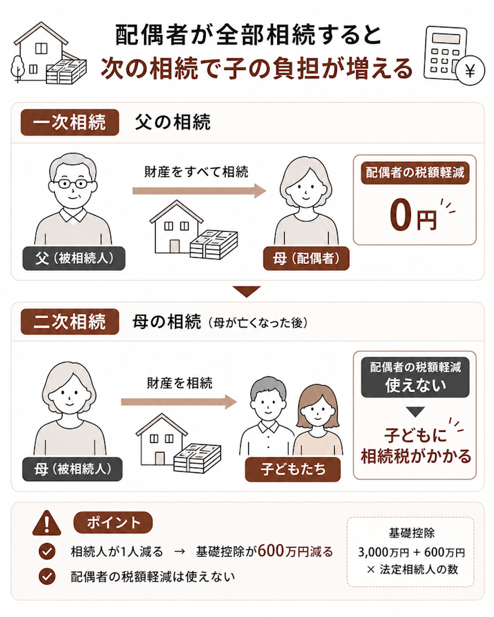 父の相続で母が財産を全部取得すると配偶者の税額軽減で相続税は0円になるが、その母が亡くなる二次相続では配偶者の税額軽減が使えず、子が相続税を負担することになる二次相続の仕組みを示した図