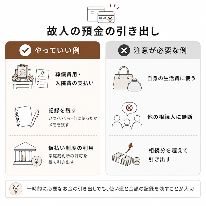 故人の預金の引き出しを、葬儀費用や入院費の支払い・記録を残す・仮払い制度の利用といった「やってよい例」と、自身の生活費に使う・他の相続人に無断・相続分を超えて引き出すといった「避けたい例」に分けて対比した表