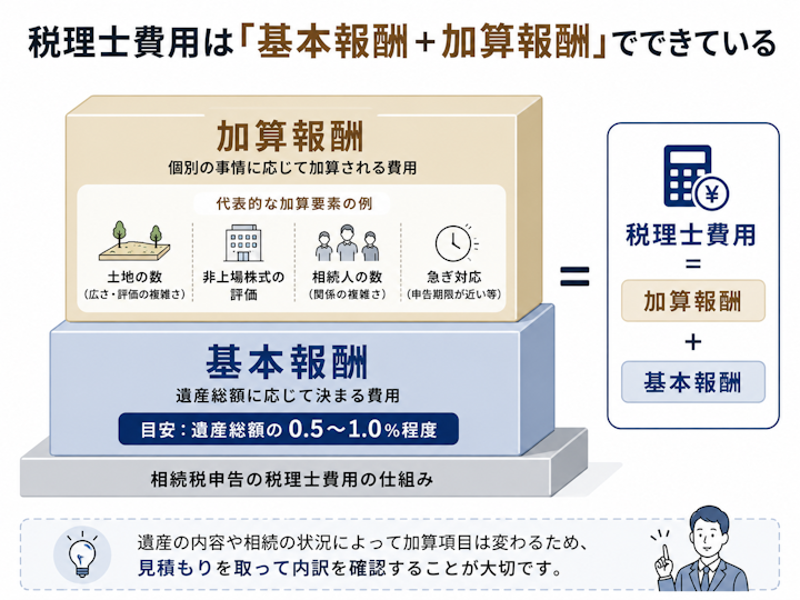 相続税申告の税理士費用は、遺産総額に応じた基本報酬(目安は遺産総額の0.5〜1.0%程度)に、土地の数・非上場株式・相続人の数・急ぎ対応などに応じた加算報酬を積み上げて決まることを示した図