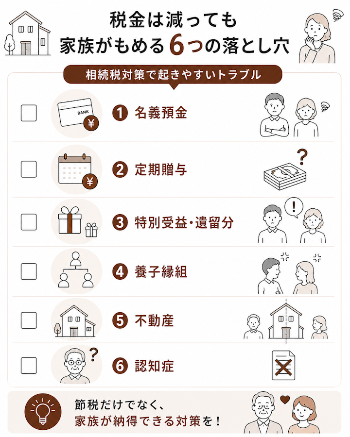相続税対策で起きやすい6つの落とし穴として、名義預金、定期贈与とみなされる贈与、一人に偏った贈与による特別受益・遺留分、養子縁組による対立、不動産で分けられない、認知症で対策が止まる、を並べたチェックリストの図