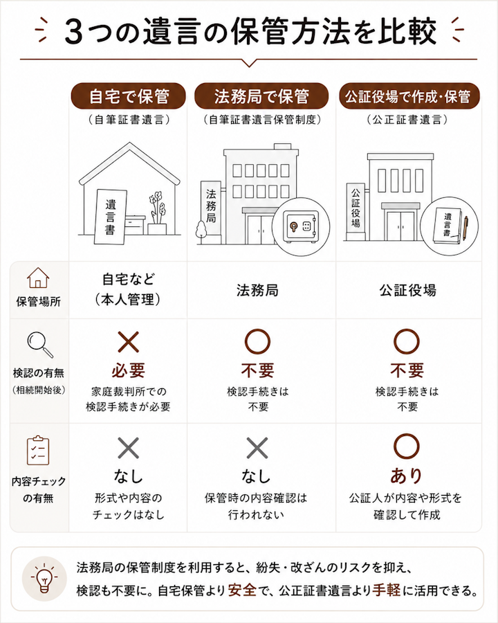 自宅で保管(自筆証書遺言)、法務局で保管(自筆証書遺言書保管制度)、公証役場で作成・保管(公正証書遺言)の3つの方法について、保管場所・検認の有無・内容チェックの有無を比較した図解。