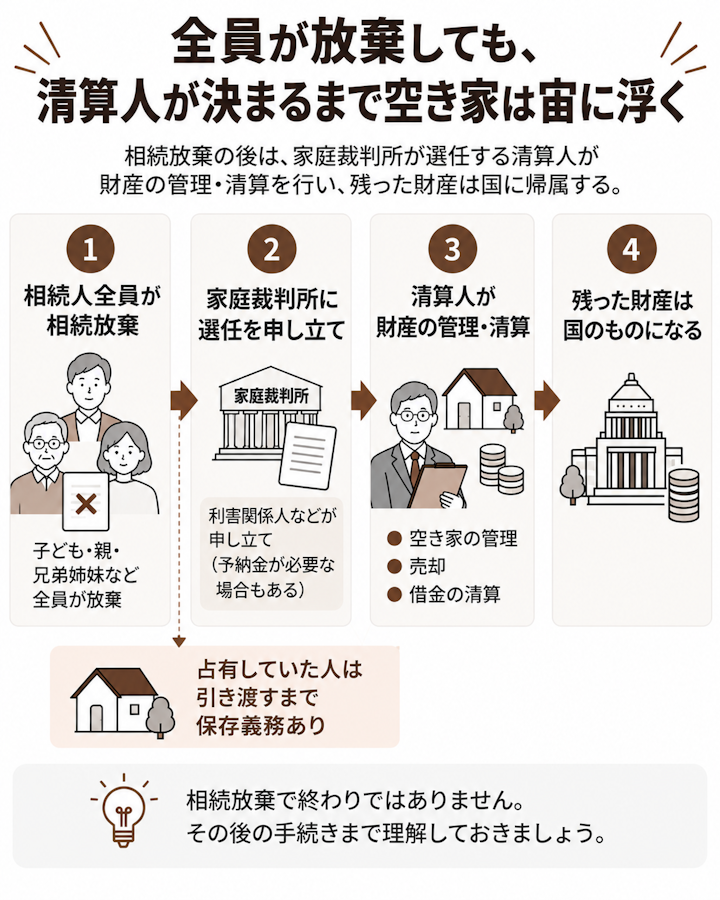相続人全員が相続放棄をした後、利害関係人などが家庭裁判所に相続財産清算人の選任を申し立て、必要に応じて予納金を納め、清算人が空き家の管理や売却と借金の清算を行い、清算後に残った財産が国に帰属するまでの4段階の流れと、清算人に引き渡すまでは占有していた人に保存義務が残ることを示した図