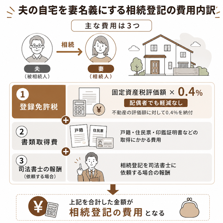 相続登記の費用は、登録免許税が固定資産税評価額の0.4%で配偶者でも軽減はなく、戸籍や証明書などの書類取得費、司法書士に依頼する場合はその報酬が加わるという内訳を示した図