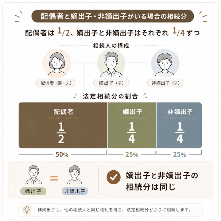 配偶者と嫡出子1人・非嫡出子1人が相続人のとき、配偶者が2分の1、嫡出子と非嫡出子がそれぞれ4分の1ずつで、嫡出子と非嫡出子の取り分は同じであることを示した帯グラフ