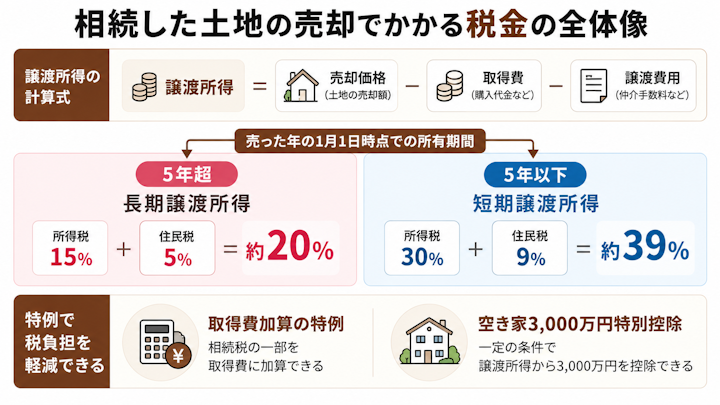 相続した土地の売却では、売却価額から取得費と譲渡費用を引いた譲渡所得に対し、所有期間が5年超なら約20%、5年以下なら約39%の税率がかかり、取得費加算や空き家3,000万円控除で軽減できることを示した全体像の図