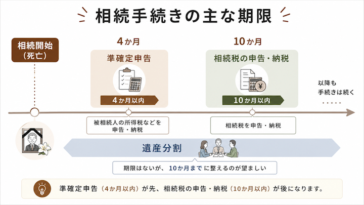 相続開始を起点に、準確定申告は4か月以内、相続税の申告・納税は10か月以内という2つの期限と、その間に行う遺産分割の位置づけを時系列で示した図