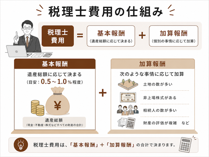 相続税申告の税理士費用は、遺産総額に応じた基本報酬(目安は遺産総額の0.5〜1.0%程度)に、土地の数や非上場株式・相続人の数などに応じた加算報酬を加えて決まることを示した図