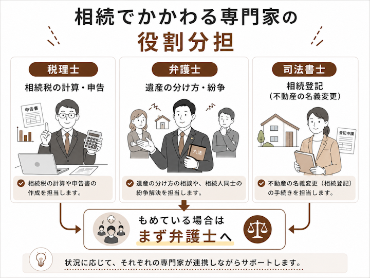 相続では税理士が相続税の計算・申告、弁護士が遺産の分け方・紛争、司法書士が相続登記を担当し、もめている場合はまず弁護士に相談するという役割分担を示した図