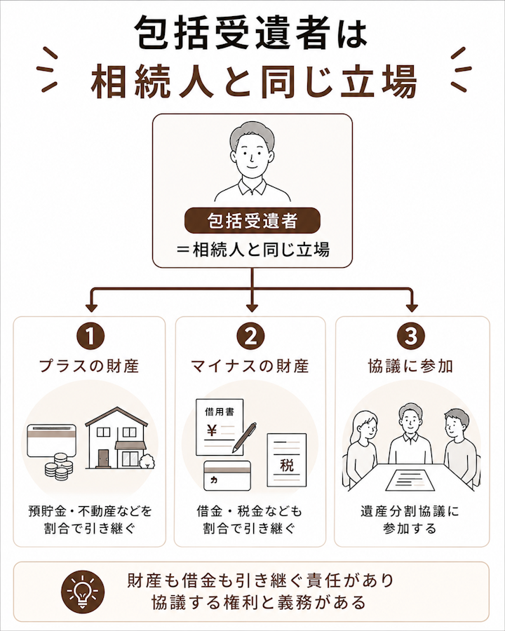 包括受遺者は相続人と同じ立場で、預貯金や不動産などプラスの財産と借金などマイナスの財産を指定された割合で引き継ぎ、遺産分割協議にも参加することを示した関係図