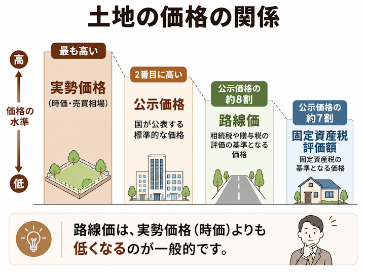 土地の価格は実勢価格(時価)が最も高く、公示価格、その約8割の路線価、約7割の固定資産税評価額の順に低くなり、相続税評価額の基準となる路線価は時価より低めに出ることを示した図