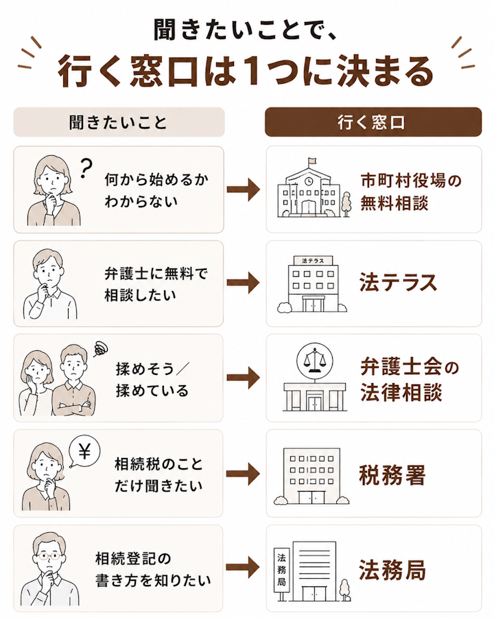 相続の無料相談窓口の選び方。何から始めるかわからないなら市区町村役場、弁護士に無料で相談したいなら法テラス、揉めそうなら弁護士会、相続税のことだけなら税務署、相続登記の書き方なら法務局と、聞きたいことごとに行き先を1つずつ示した図