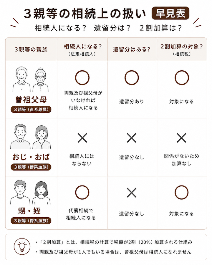 3親等の親族(曽祖父母、おじ・おば、甥・姪)それぞれの「法定相続人になるか」「遺留分はあるか」「相続税2割加算の対象か」を◯と✕で整理した早見表