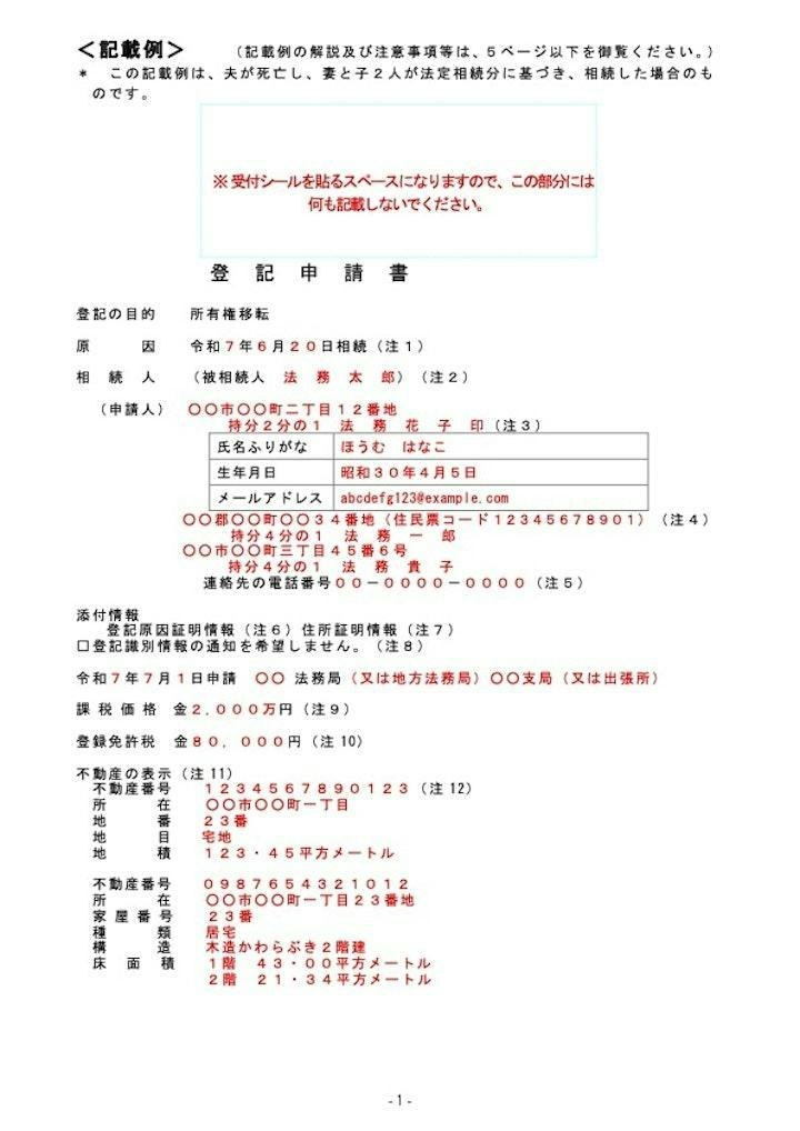 登記申請書の記載例