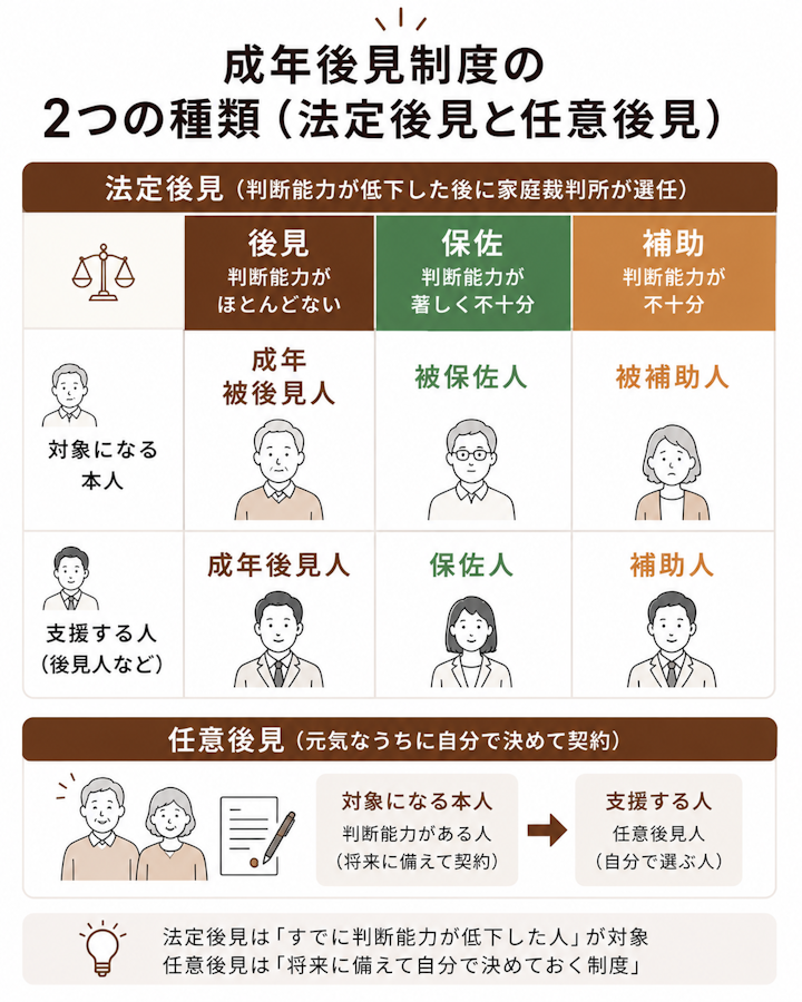 判断能力の程度に応じた後見・保佐・補助の3類型で、対象になる本人が成年被後見人・被保佐人・被補助人、支援者が成年後見人・保佐人・補助人と異なることと、元気なうちに契約する任意後見を並べた比較表
